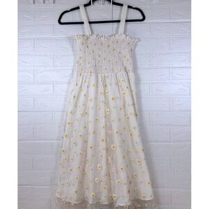 Daisy Mesh Midi Dress Women Small White Yellow Smocked Embroidered